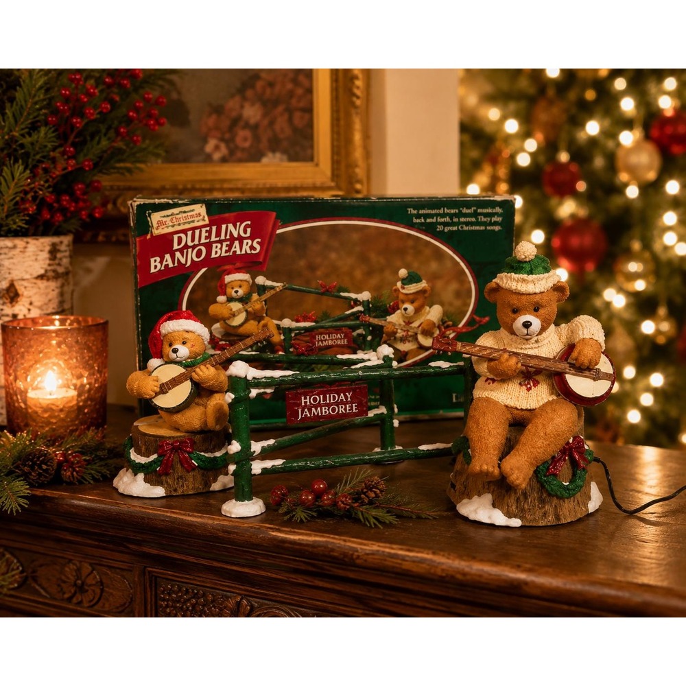 Mr. Christmas Dueling Banjo Bears Animated Musical 20 Songs 1997 Works W/ Box